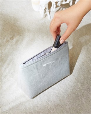2li Termal Astarlı Su İtici Leke Tutmaz Gri Renk Jüt Keten Makyaj İlaç Çantası Seti 19 x 13 x 7 / 20 x 21 x 11 cm