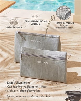 2li Termal Astarlı Su İtici Leke Tutmaz Gri Renk Jüt Keten Makyaj İlaç Çantası Seti 22 x 14 / 23 x 16 x 7 cm