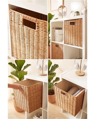 2li Yıkanabilir Bej PP Rattan Sepet Set 33 x 33 x 33 cm