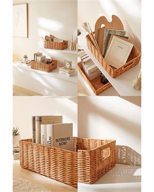 2li Yıkanabilir Bej PP Rattan Sepet Set 33 x 23 x 11 / 39 x 29 x 13 cm
