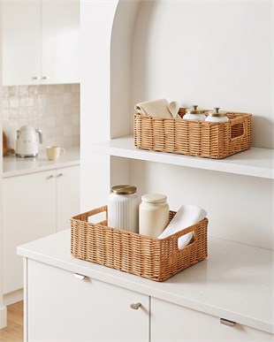 2li Yıkanabilir Bej PP Rattan Sepet Set 33 x 23 x 11 / 39 x 29 x 13 cm
