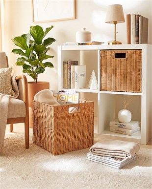 2li Yıkanabilir Bej PP Rattan Sepet Set 33 x 33 x 33 cm