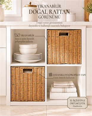 2li Yıkanabilir Bej PP Rattan Sepet Set 33 x 33 x 33 cm