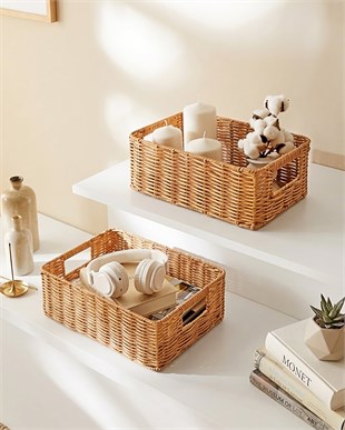 2li Yıkanabilir Bej PP Rattan Sepet Set 30 x 20 x 11 / 36 x 26 x 12 cm