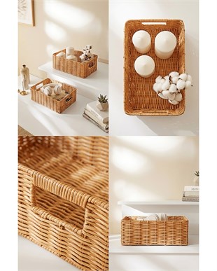 2li Yıkanabilir Bej PP Rattan Sepet Set 30 x 20 x 11 / 36 x 26 x 12 cm