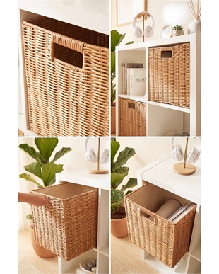 2li Yıkanabilir Bej PP Rattan Sepet Set 33 x 33 x 33 cm