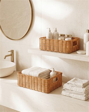 2li Yıkanabilir Bej PP Rattan Sepet Set 33 x 23 x 11 / 39 x 29 x 13 cm