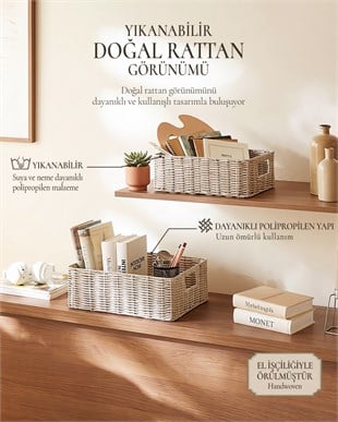 2li Yıkanabilir Gri PP Rattan Sepet Set 33 x 23 x 11 / 39 x 29 x 13 cm