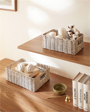 2li Yıkanabilir Gri PP Rattan Sepet Set 30 x 20 x 11 / 36 x 26 x 12 cm