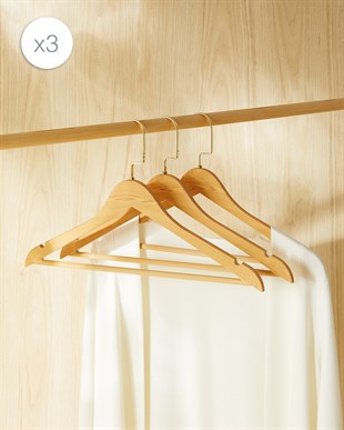 3lü Altın Kancalı Ahşap Görünümlü Plastik Giysi Askısı 25 x 44.5 x 1 cm
