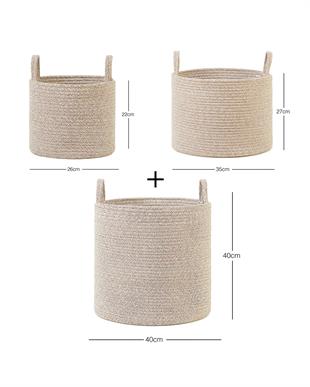 3lü Bej Kırçıllı Pamuklu Halat Sepet Set 26 x 22 / 35 x 27 / 40 x 40 cm