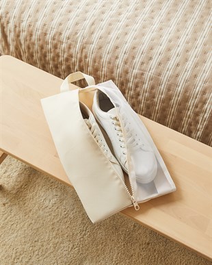 3lü Bej Renk Fileli Oxford Kumaş Ayakkabı Düzenleyici Taşıma Çantası Seti 22 x 40 x 9 cm