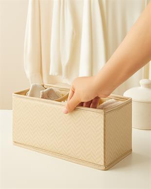 3lü Bölmeli Bej Balıksırtı Çekmece İçi Düzenleyici Kutu Set 13 x 28 x 13 cm