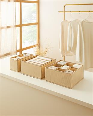 3lü Bölmeli Bej Balıksırtı Çekmece İçi Düzenleyici Kutu Set