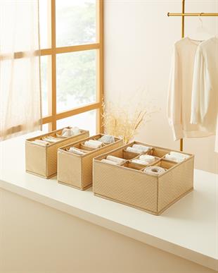 3lü Bölmeli Bej Balıksırtı Çekmece İçi Düzenleyici Kutu Set