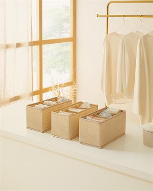 3lü Bölmeli Bej Balıksırtı Çekmece İçi Düzenleyici Kutu Set 13 x 28 x 13 cm