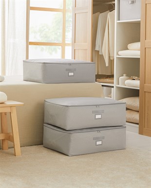 3lü Büyük Boy Gri Balıksırtı Baza Altı Hurç Set 62 x 46 x 22 cm