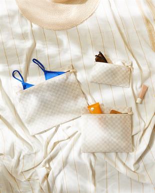 3lü Su Geçirmez Pvc Astarlı Bej Dama Desen Islak Kuru Çantası 20 x 13 / 24 x 20 / 30 x 24 cm