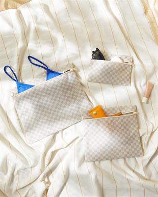 3lü Su Geçirmez Pvc Astarlı Gri Dama Desen Islak Kuru Çantası 20 x 13 / 24 x 20 / 30 x 24 cm