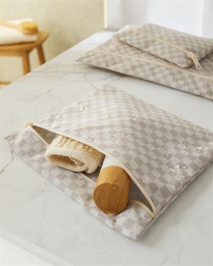 3lü Su Geçirmez Pvc Astarlı Gri Dama Desen Islak Kuru Çantası 20 x 13 / 24 x 20 / 30 x 24 cm