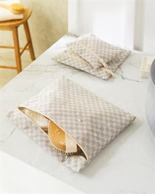 3lü Su Geçirmez Pvc Astarlı Gri Dama Desen Islak Kuru Çantası 20 x 13 / 24 x 20 / 30 x 24 cm