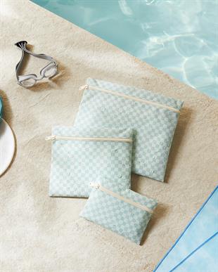 3lü Su Geçirmez Pvc Astarlı Mint Dama Desen Islak Kuru Çantası 20 x 13 / 24 x 20 / 30 x 24 cm