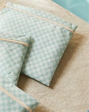 3lü Su Geçirmez Pvc Astarlı Mint Dama Desen Islak Kuru Çantası 20 x 13 / 24 x 20 / 30 x 24 cm