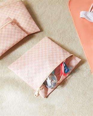 3lü Su Geçirmez Pvc Astarlı Pembe Dama Desen Islak Kuru Çantası 20 x 13 / 24 x 20 / 30 x 24 cm