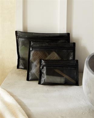 3lü Su Geçirmez Pvc Astarlı Siyah Renk File Islak Kuru Çantası 20 x 13 / 24 x 20 / 30 x 24 cm