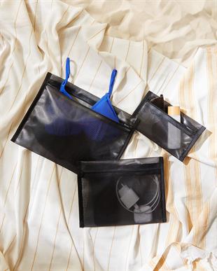 3lü Su Geçirmez Pvc Astarlı Siyah Renk File Islak Kuru Çantası 20 x 13 / 24 x 20 / 30 x 24 cm