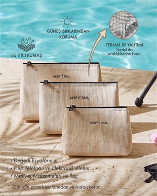 3lü Termal Astarlı Su İtici Leke Tutmaz Jüt Keten Makyaj İlaç Çantası Seti 15 x 11 x 6 / 19 x 13 x 7 / 23 x 16 x 7 cm