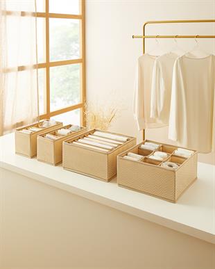 4lü Bölmeli Bej Balıksırtı Çekmece İçi Düzenleyici Kutu Set