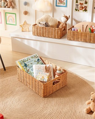 4lü Çocuk Odası Yıkanabilir Bej PP Rattan Sepet Set 30 x 20 x 11 / 33 x 23 x 11 / 36 x 26 x 12  / 39 x 29 x 13 cm