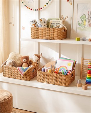 4lü Çocuk Odası Yıkanabilir Bej PP Rattan Sepet Set 30 x 20 x 11 / 33 x 23 x 11 / 36 x 26 x 12  / 39 x 29 x 13 cm
