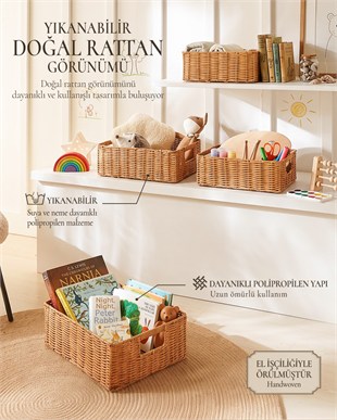 4lü Çocuk Odası Yıkanabilir Bej PP Rattan Sepet Set 30 x 20 x 11 / 33 x 23 x 11 / 36 x 26 x 12  / 39 x 29 x 13 cm