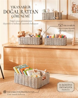 4lü Çocuk Odası Yıkanabilir Gri PP Rattan Sepet Set 30 x 20 x 11 / 33 x 23 x 11 / 36 x 26 x 12  / 39 x 29 x 13 cm