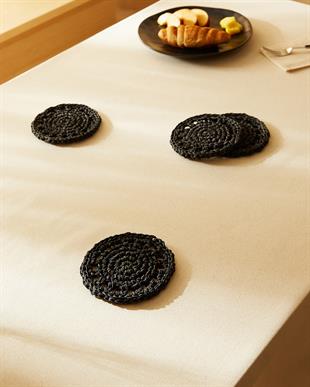 4lü Siyah Renk Motifli Rafya Bardak Altlığı Ø 11 cm