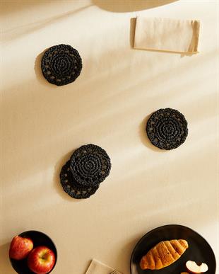 4lü Siyah Renk Motifli Rafya Bardak Altlığı Ø 11 cm
