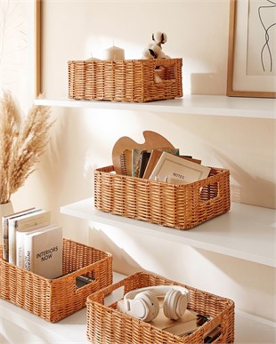 4lü Yıkanabilir Bej PP Rattan Sepet Set 30 x 20 x 11 / 33 x 23 x 11 / 36 x 26 x 12  / 39 x 29 x 13 cm