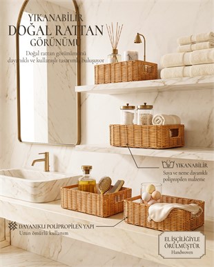 4lü Yıkanabilir Bej PP Rattan Sepet Set 30 x 20 x 11 / 33 x 23 x 11 / 36 x 26 x 12  / 39 x 29 x 13 cm