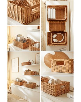 4lü Yıkanabilir Bej PP Rattan Sepet Set 30 x 20 x 11 / 33 x 23 x 11 / 36 x 26 x 12  / 39 x 29 x 13 cm