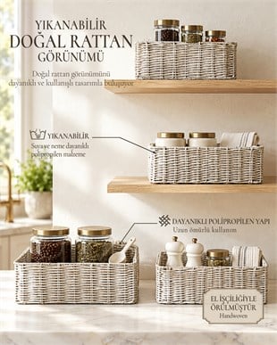 4lü Yıkanabilir Gri PP Rattan Sepet Set 30 x 20 x 11 / 33 x 23 x 11 / 36 x 26 x 12  / 39 x 29 x 13 cm