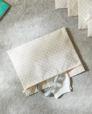 5li Su Geçirmez Pvc Astarlı Bej Dama Desen Islak Kuru Çanta Seti 20 x 13 / 24 x 20 / 30 x 24 / 28 x 30 / 30 x 36 cm