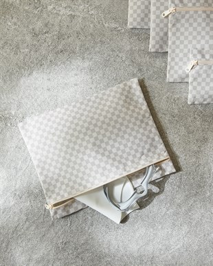 5li Su Geçirmez Pvc Astarlı Gri Dama Desen Islak Kuru Çanta Seti 20 x 13 / 24 x 20 / 30 x 24 / 28 x 30 / 30 x 36 cm