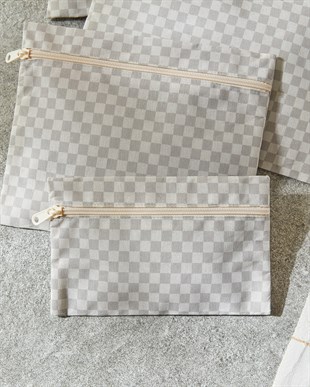 5li Su Geçirmez Pvc Astarlı Gri Dama Desen Islak Kuru Çanta Seti 20 x 13 / 24 x 20 / 30 x 24 / 28 x 30 / 30 x 36 cm