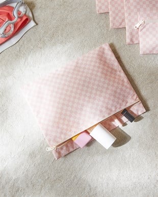 5li Su Geçirmez Pvc Astarlı Pembe Dama Desen Islak Kuru Çanta Seti 20 x 13 / 24 x 20 / 30 x 24 / 28 x 30 / 30 x 36 cm