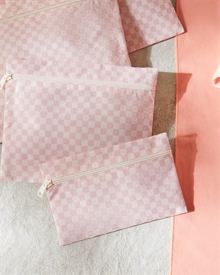 5li Su Geçirmez Pvc Astarlı Pembe Dama Desen Islak Kuru Çanta Seti 20 x 13 / 24 x 20 / 30 x 24 / 28 x 30 / 30 x 36 cm