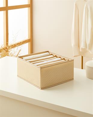 6 Bölmeli Bej Balıksırtı Çekmece İçi Düzenleyici Kutu 28 x 28 x 13 cm