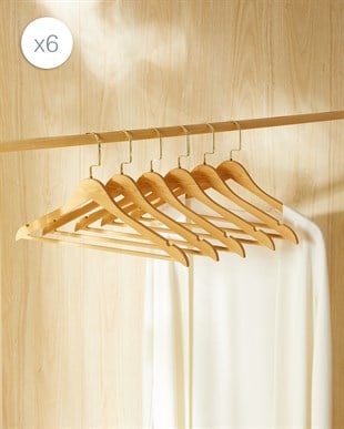 6lı Altın Kancalı Ahşap Görünümlü Plastik Giysi Askısı 25 x 44.5 x 1 cm