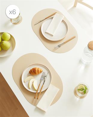 6lı Bej/Taş Renk Suni Deri Amerikan Servis Set 45 x 30 cm